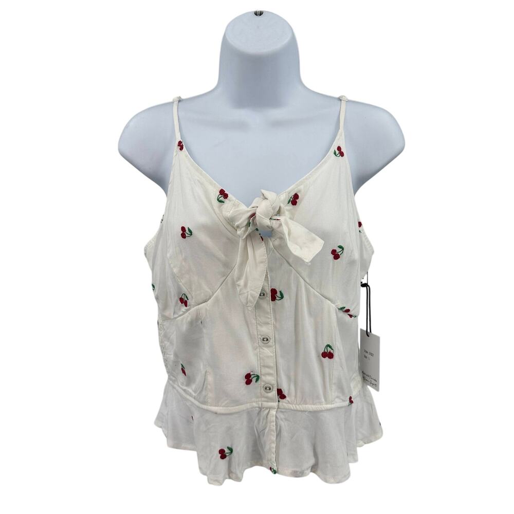 Japna Cami Tank Cherry Embroidered WMNS L White Tie Front Coquette Cottagecore